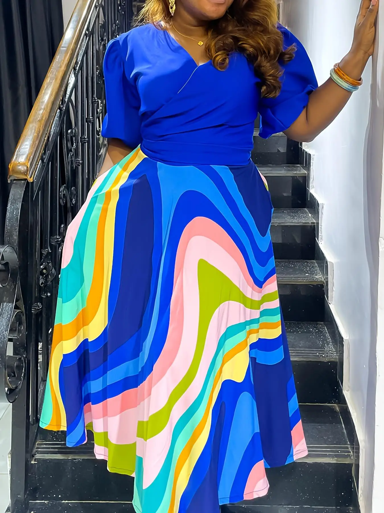 Sweet-Elegant Casual Mixed Print Contrast V-Neck 3/4-Sleeve Two-Piece Set