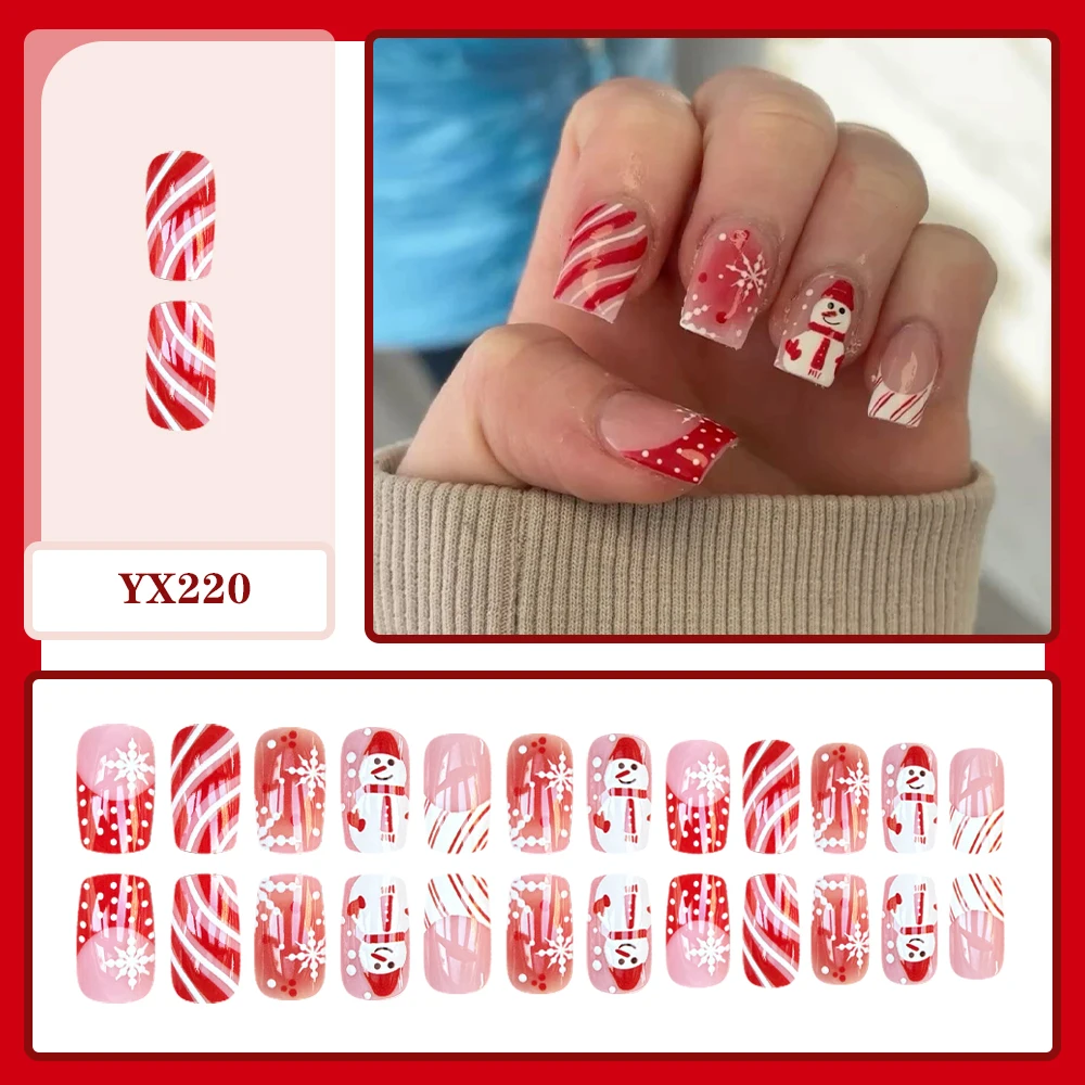 Medium Square Press On Nails Christmas Nude Red Gradient Snowman Candy Cane Stripes Snowflake Wearable False Nails For Women