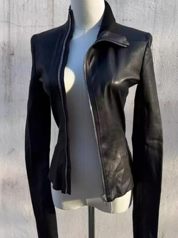 Černá štíhlá kožená bunda s dlouhým rukávem, sexy dívčí kožená bunda, dámská tmavě gotická tenká bunda se zipem, ženská Hepburnová, vintage oblečení Y2K - náhled 5