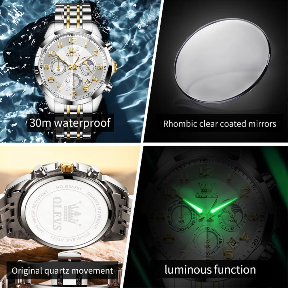 OLEVS 3676  Mens Watch Quartz Watch Multifunctional Chronograph Waterproof Luminous Moon Phase Watch Mens Gifts Original Reloj
