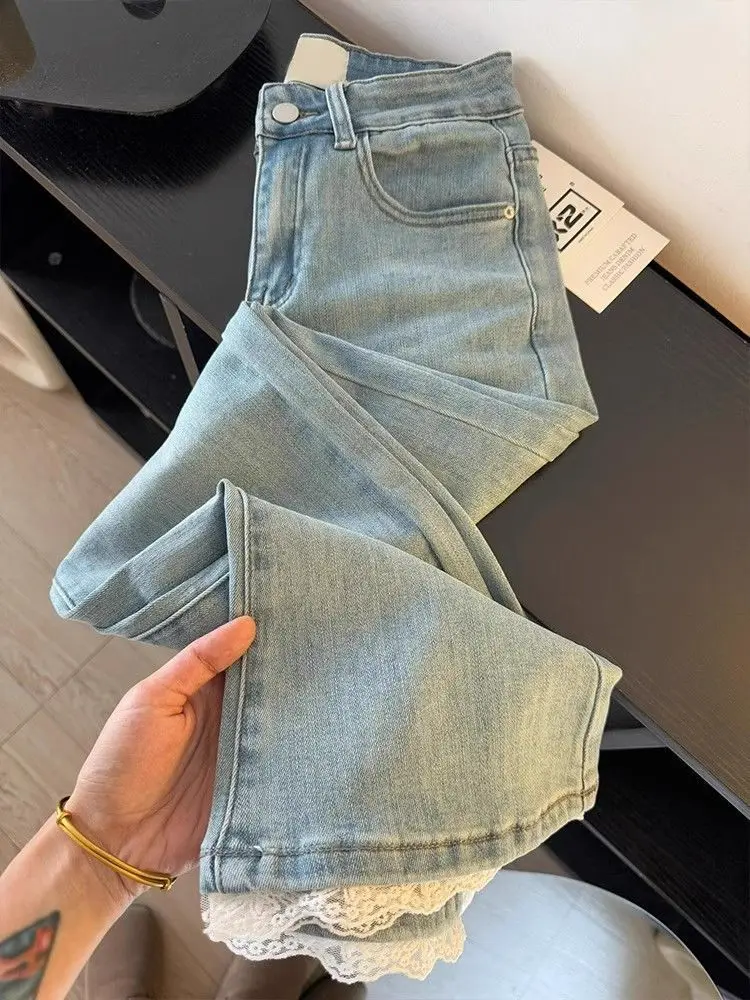 

Retro Light Lace Trim Flared Jeans Women's Spring Autumn New Large Size Elastic Slim High Waist Bell Nine Point Pants