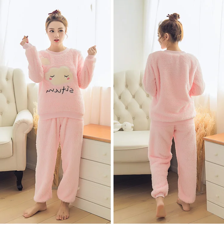 2024 Winter Long Sleeve Thick Warm Flannel Pajama Sets for Women Korean Cute Coral Velvet Pyjamas Homewear Clothes Pijama Mujer