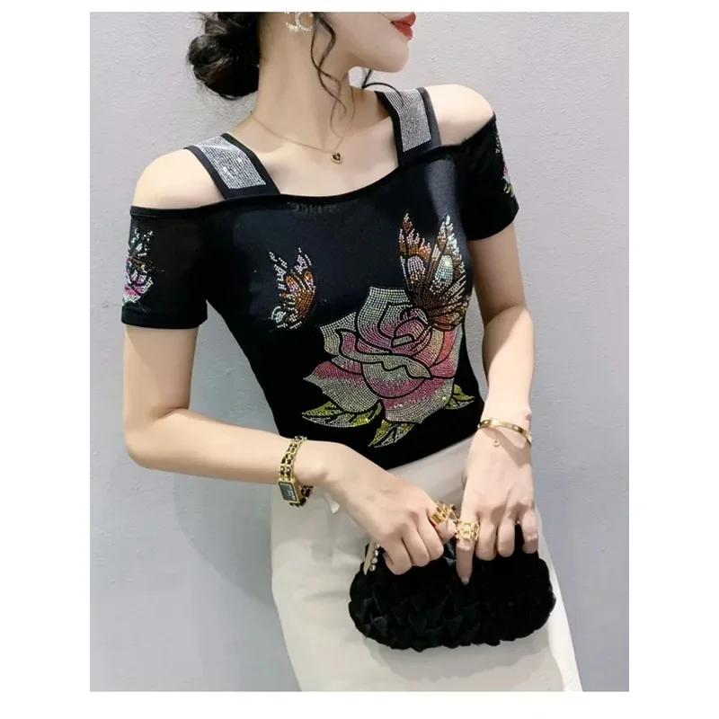 New fashion summer European clothes high quality T-shirt sexy off shoulder shiny diamonds women mesh tops all match tees blouse