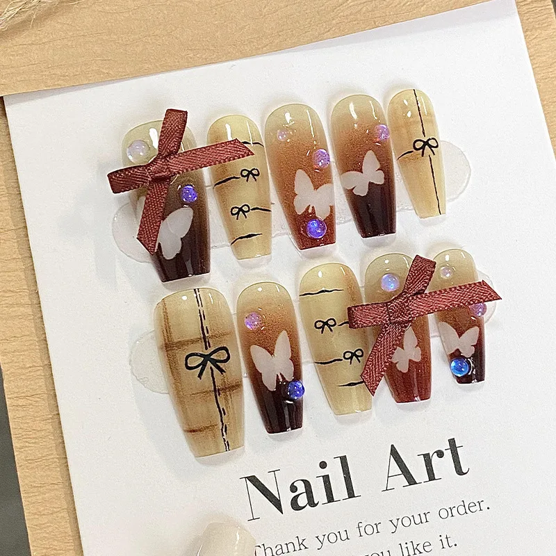 Autumn and Winter Smudge Gradient False Nail Patches Chocolate Colour Ribbon Bow Handmade Press On Nails Sweet and Lovely