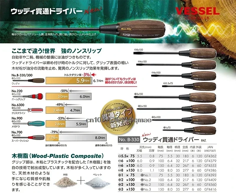 VESSEL  Wood-Compo Tang-thru type Non-slip Screwdriver PH1 PH2 PH3 SL5.5 SL6 SL8 B-330