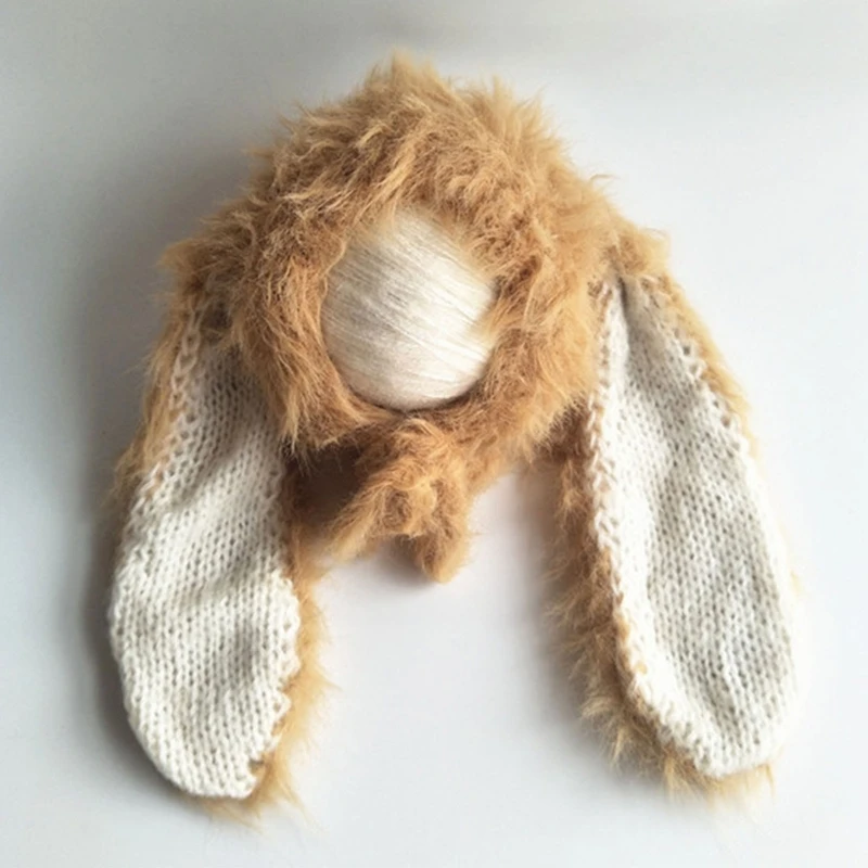 Handmade Knitted Plush Warm Baby Hat Long Rabbit Ears Woolen Yarn Newborn Beanie Cap for    Newborn Photography Props Hat Bonnet