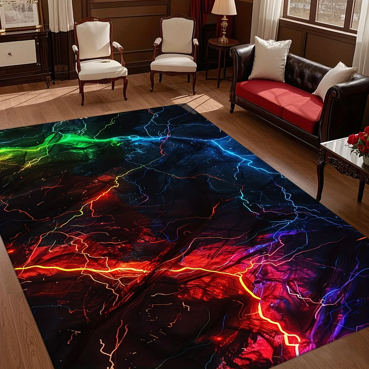 Colorful Lightning Storm Print Decor Rug, Modern Art Floor Mat for Living Room, Bedroom, Game Room Home Decor