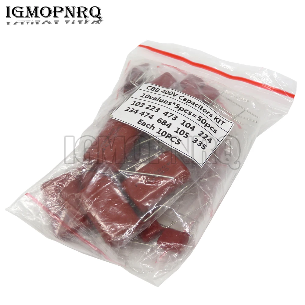 50PC=10value*5PCS Metallized Polyester Film Capacitors CBB Assortment Kit 400V 10nF ~ 3.3UF kit