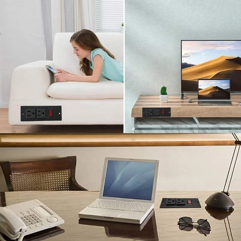 Montável embutida Power Strip móveis, soquete de bolso, US Outlet com protetor contra surtos, mesa de secretária, USB, 2 superfícies de saída
