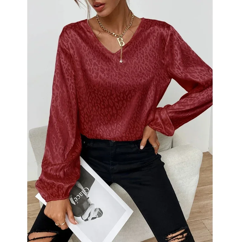 Office Lady Leopard Printing Chiffon Shirt Spring Autumn 2024 V-Neck Long Lantern Sleeve Loose Blouse Women\'s Clothing 19168