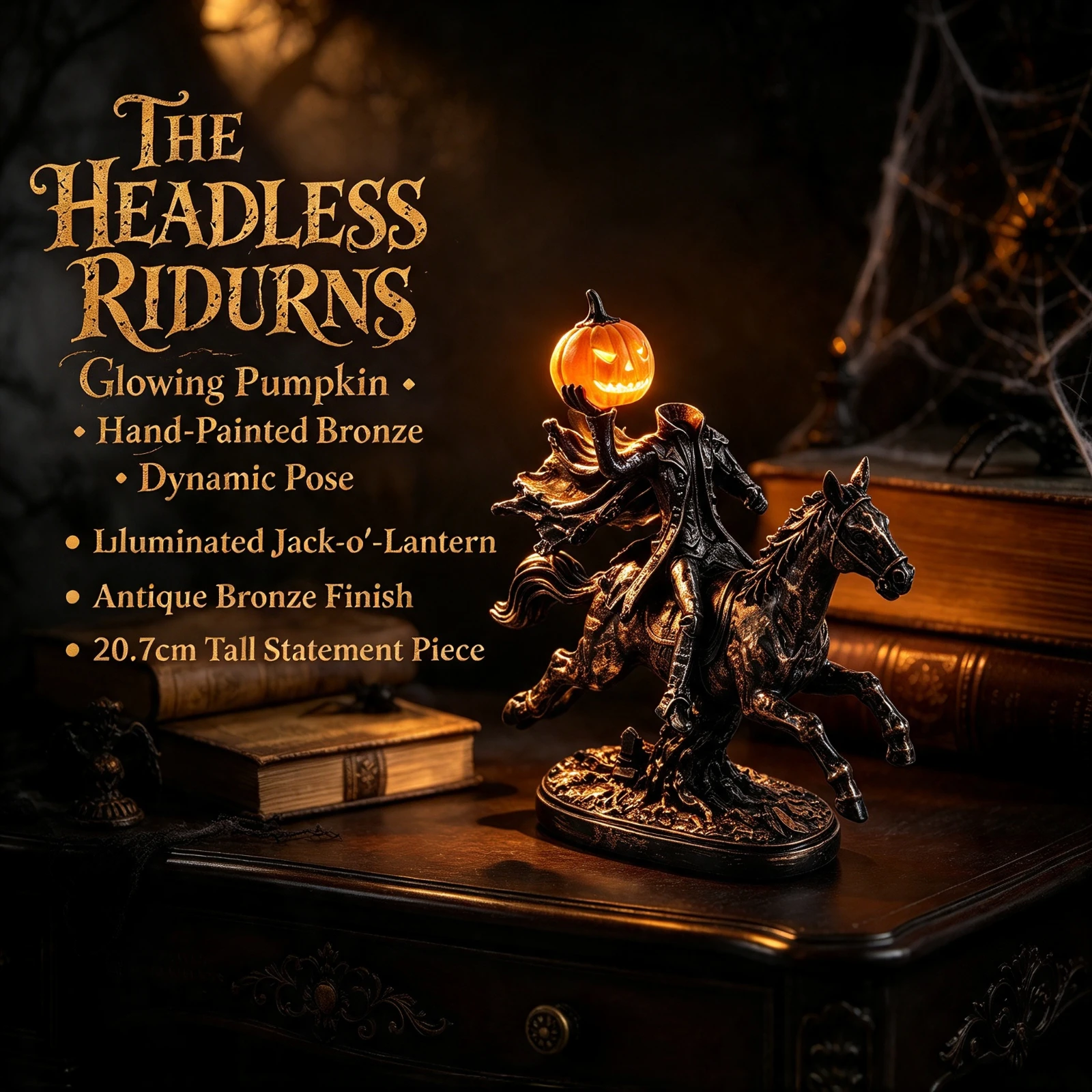 NEW Headless Horseman LED Illuminated Gothic Horror Figurine Resin Statue Pumpkin Light Halloween Home Table Decor Scary Gift