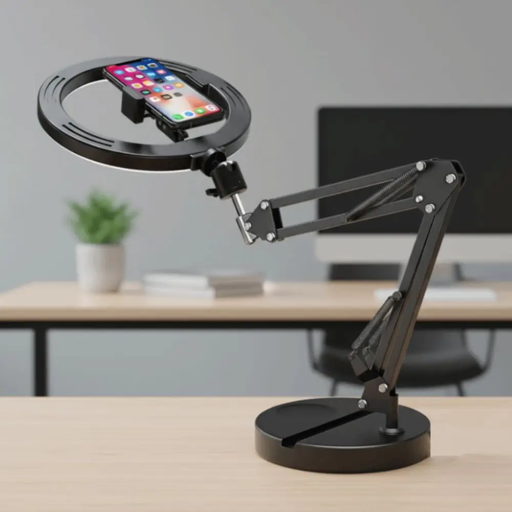 26cm Fill Light Telescopic Phone Stand Adjustable Height Stable Base Folding Phone Stand Portable Universal Desktop Phone Holder