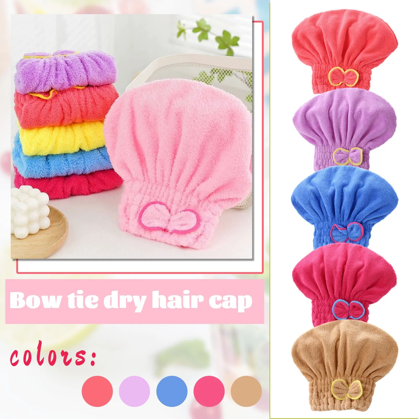 

Female Solid Color Basic Dry Hair Cap with Bow Coral Velvet Cap Super Absorbent Dry Hair Towel Quick-drying Headband Shower Cap