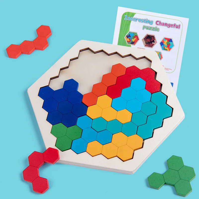 Drewniane Puzzle sześciokątne dla dzieci i dorosłych, blok Tangram łamigłówka dla dzieci geometria logika IQ gra Montessori prezent edukacyjny