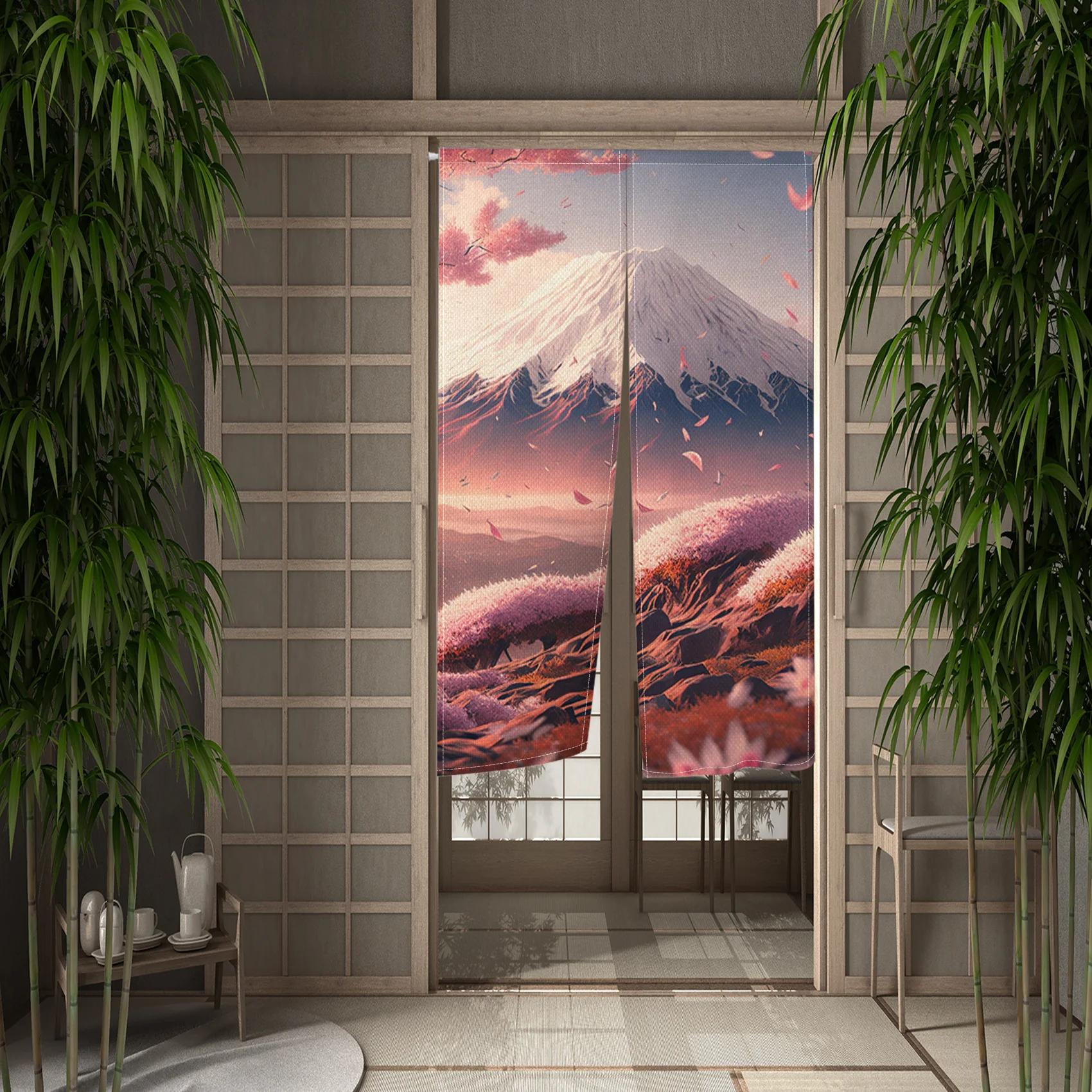 Japanese Noren Split Door Curtain Sakura Mount Fuji Bridge Tower Landscape Doorway Curtains for Kitchen Entrance Half-curtain