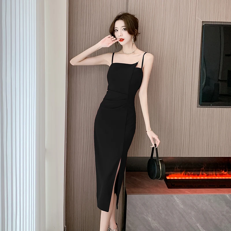 Summer Elegant Party Spaghetti Strap Dresses for Women 2023 New Vintage Sweet Solid Split Chic Sexy Sleeveless Long Short Dress