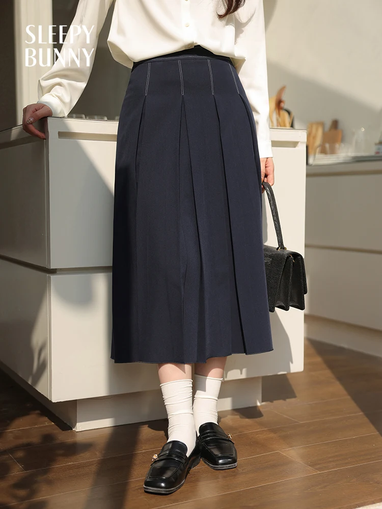 Women Contrast Stitch Pleated Midi Skirt High-Waist A-Line Flowy Skirt Faux Denim Fabric Slimming Hip-Covering Spring Dress