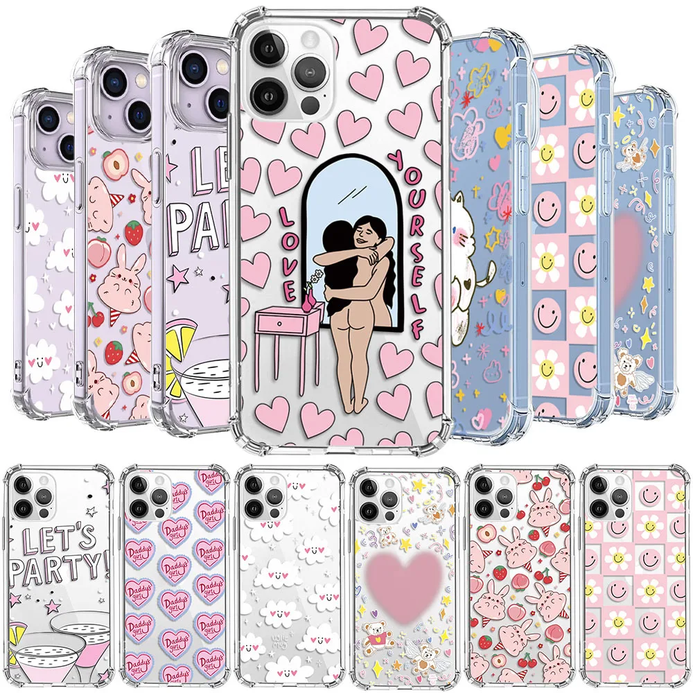 Fashion Love Heart Girl Pink Cartoon Phone Case For iPhone 15 14 13 12 11 Pro X XS XR Max 7 8 Plus SE 2 Mini Soft TPU Back Cover