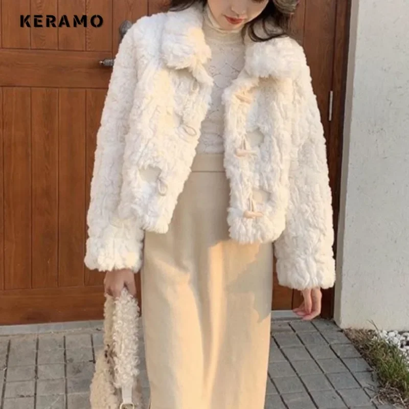 2024 Autumn Winter Korean Chic Style Single Breasted Turn Down Collar Fur Jacket For Women Luxury Fashion Slim Warm Short Coat