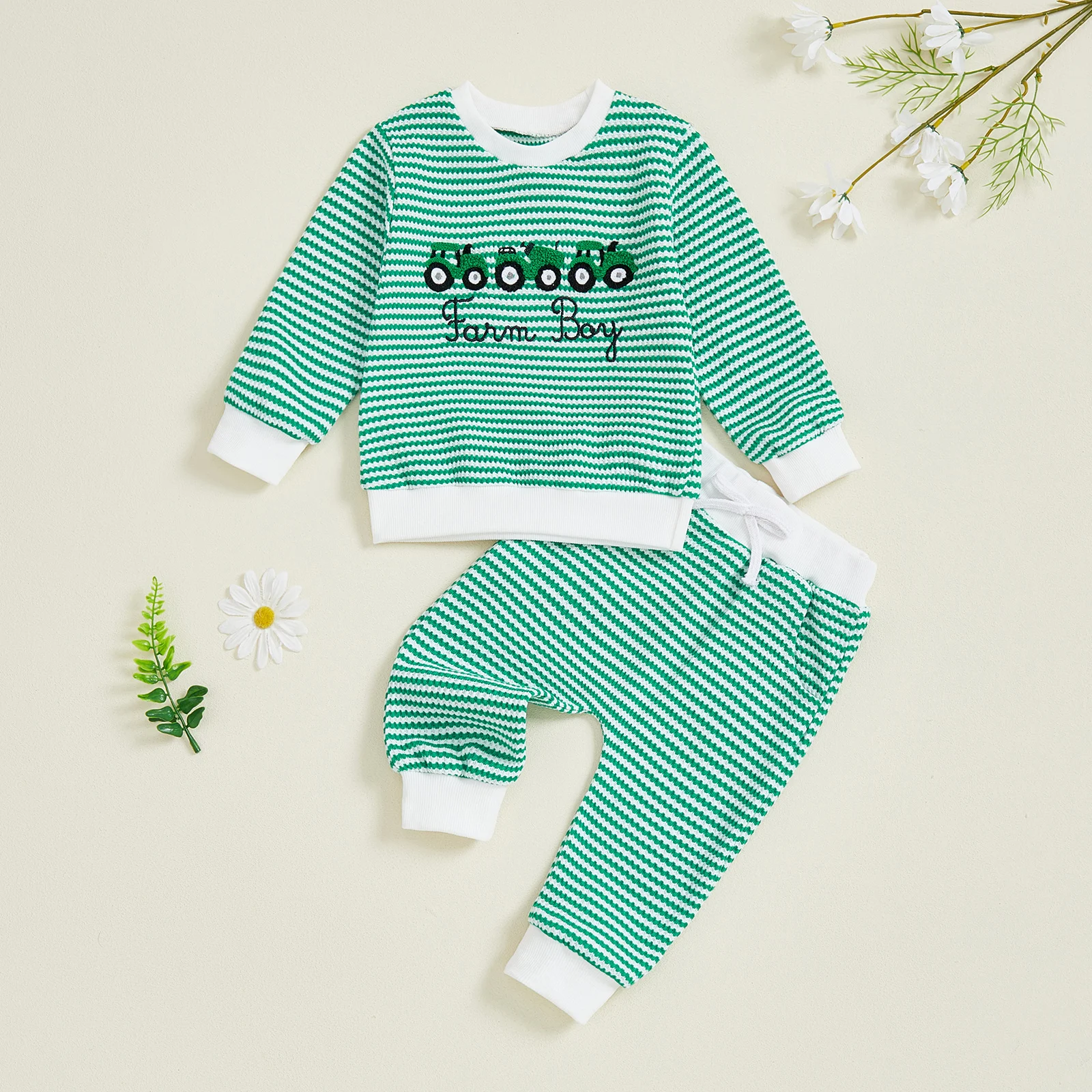 

Toddler Baby Boy Fall Set Letter Truck Embroidery Crewneck Pullover Striped Sweatshirt and Joggers Pants Outfits