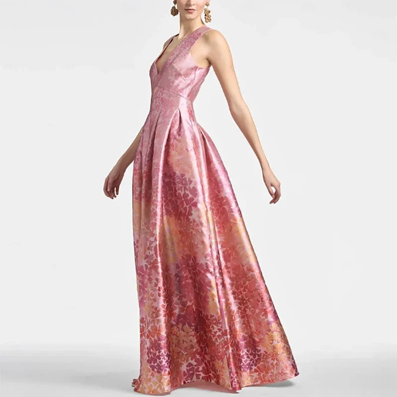 Schickes Satin-Abendkleid mit V-Ausschnitt und abstraktem Muster, ärmellos, A-Linie, formelle Abendkleider, Geburtstagsfeier, Ballkleider, individuell gestaltet