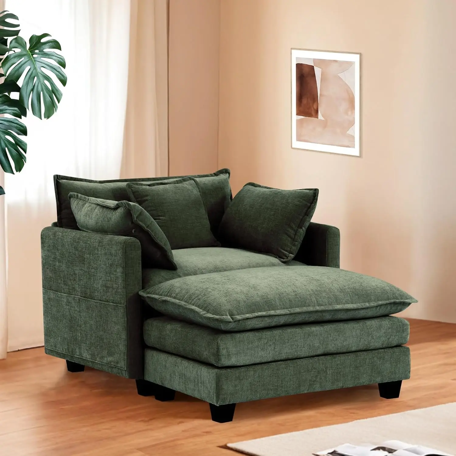 Oversized Chair with Ottoman, Luxury Chenille Single Sofa Accent Chair, Upholstered Deep Seat Chaise Lounge with, Customized