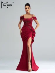 Missord New Burgundy Off Shoulder Split Evening Gown Wedding Birthday Party Cocktail Evening High Quality Luxury Maxi Dress