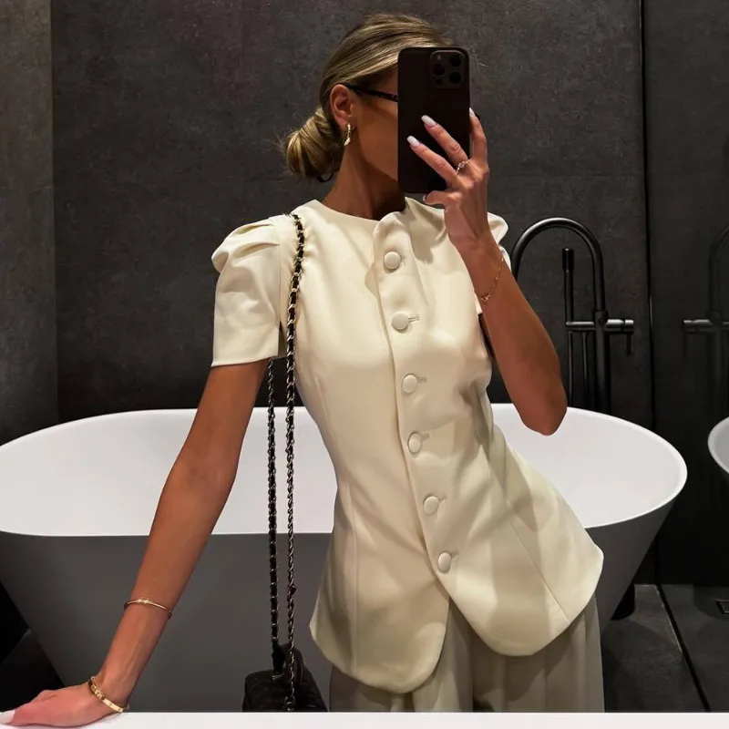 

Tuularose White Blazer Women's Summer Single-breasted Patchwork V-neck Coats Luxury High Street Commuting Casual Women's Outwear