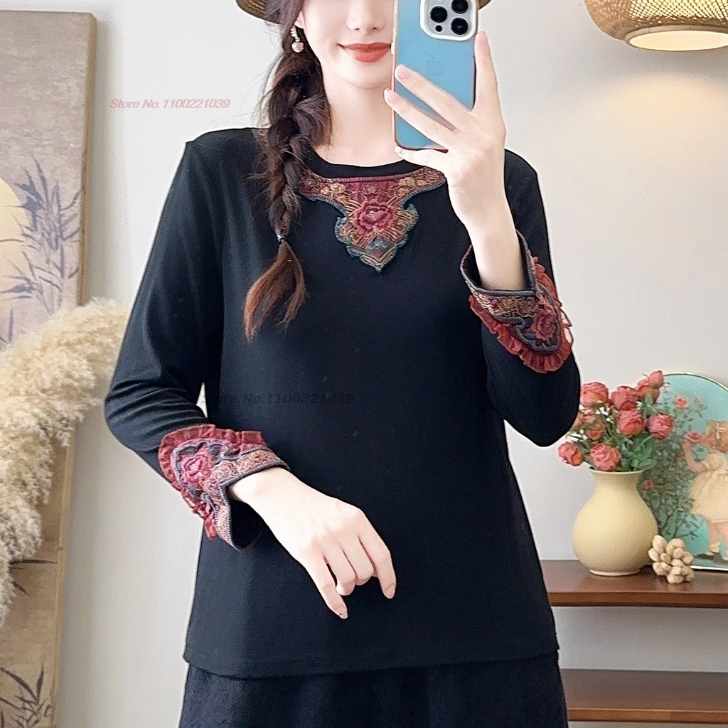 

2024 chinese traditional t-shirt national flower embroidery o-neck shirt retro hanfu tops oriental ethnic vintage base shirt