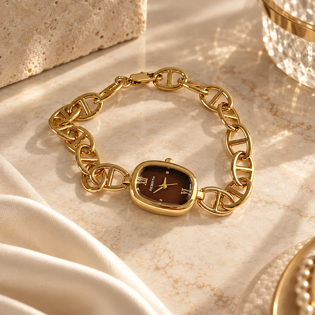 KAIRIS Women's Gold Quartz Watch Brown Dial Chain Bracelet Luxury Fashion Jewelry Wristwatch Elegant Ladies Watch for Women
