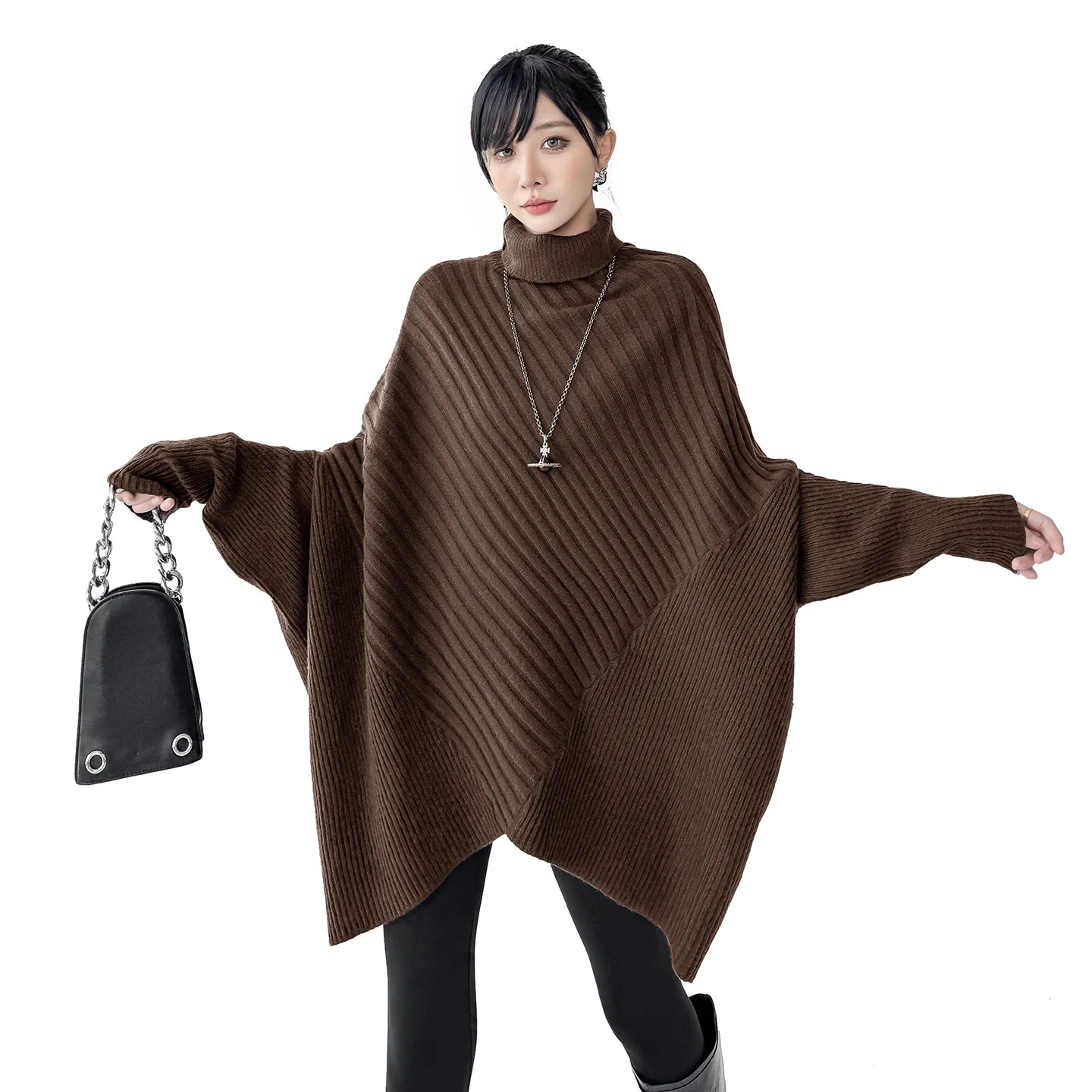 

SuperAen European and American Style Design Stand Collar Batwing-sleeve Sweater for Women Asymmetrical Loose Knitted Sweaters