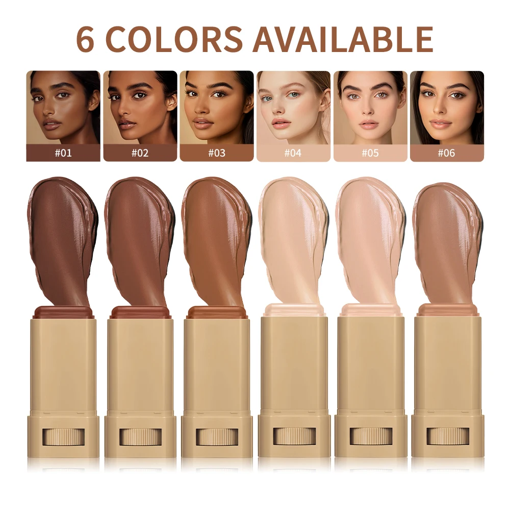 Base en barra para tinte de piel, bálsamo en 6 colores, suero impulsado, suave y regordete, alta cobertura, maquillaje en barra de base de bronce para viaje