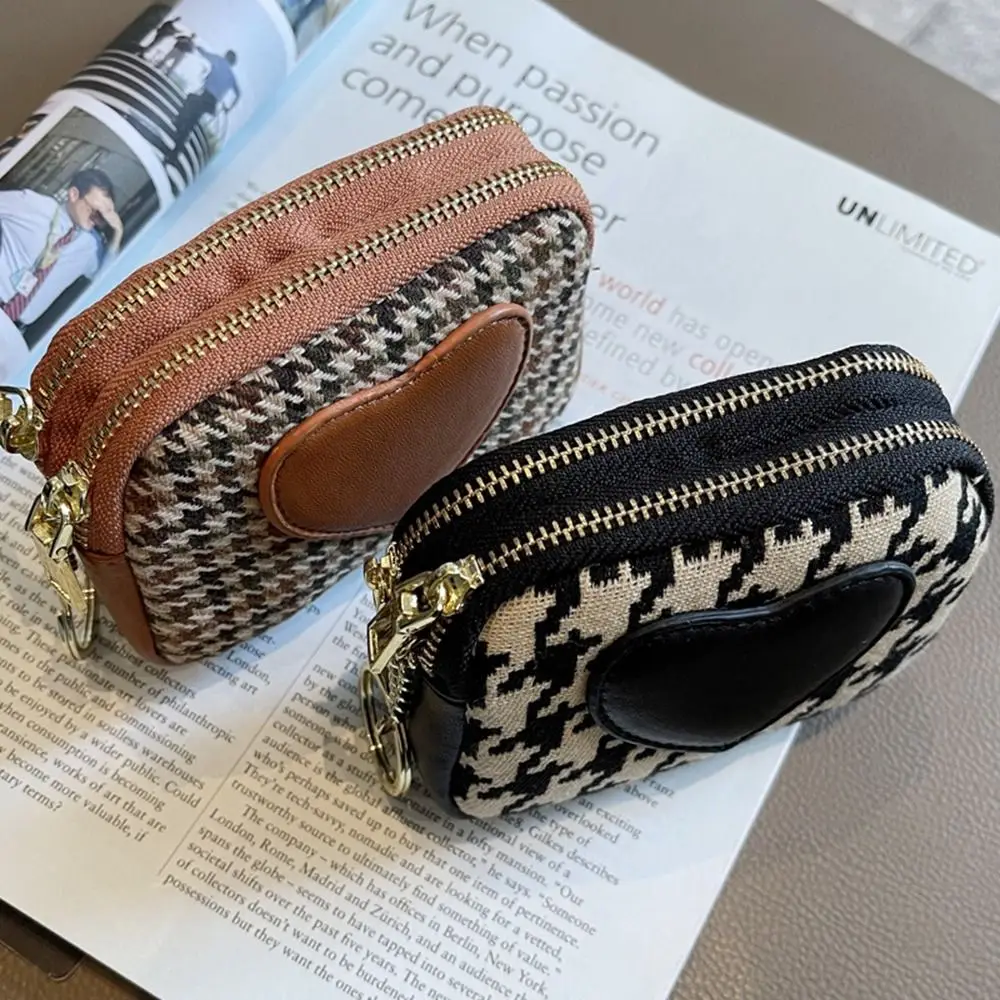 

Fashion Pu Leather Short Style Wallet Canvas Printing Houndstooth Zipper Purse Change Purse Handbag Square Coin Purse Girls