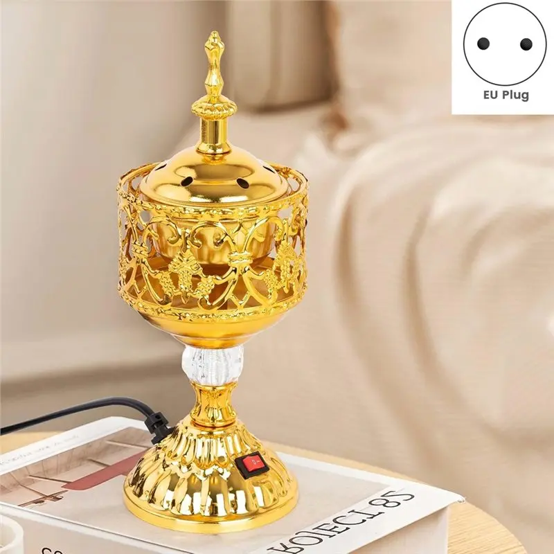 J1UL1N Arabian Style Golden Electric Incense Burner, Middle Eastern Tabletop Decorative Incense Holder EU Plug