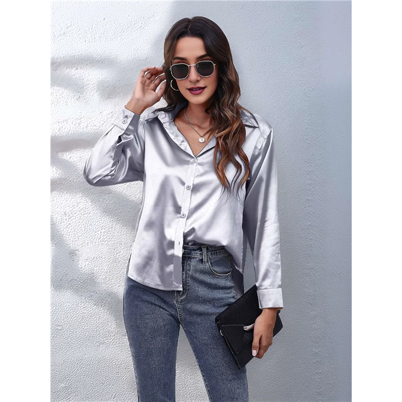 ABRT-Women's Satin Button Down V-Neck Long Sleeve Tops Summer Silk Blouses Fashion Spring Shirt 2025