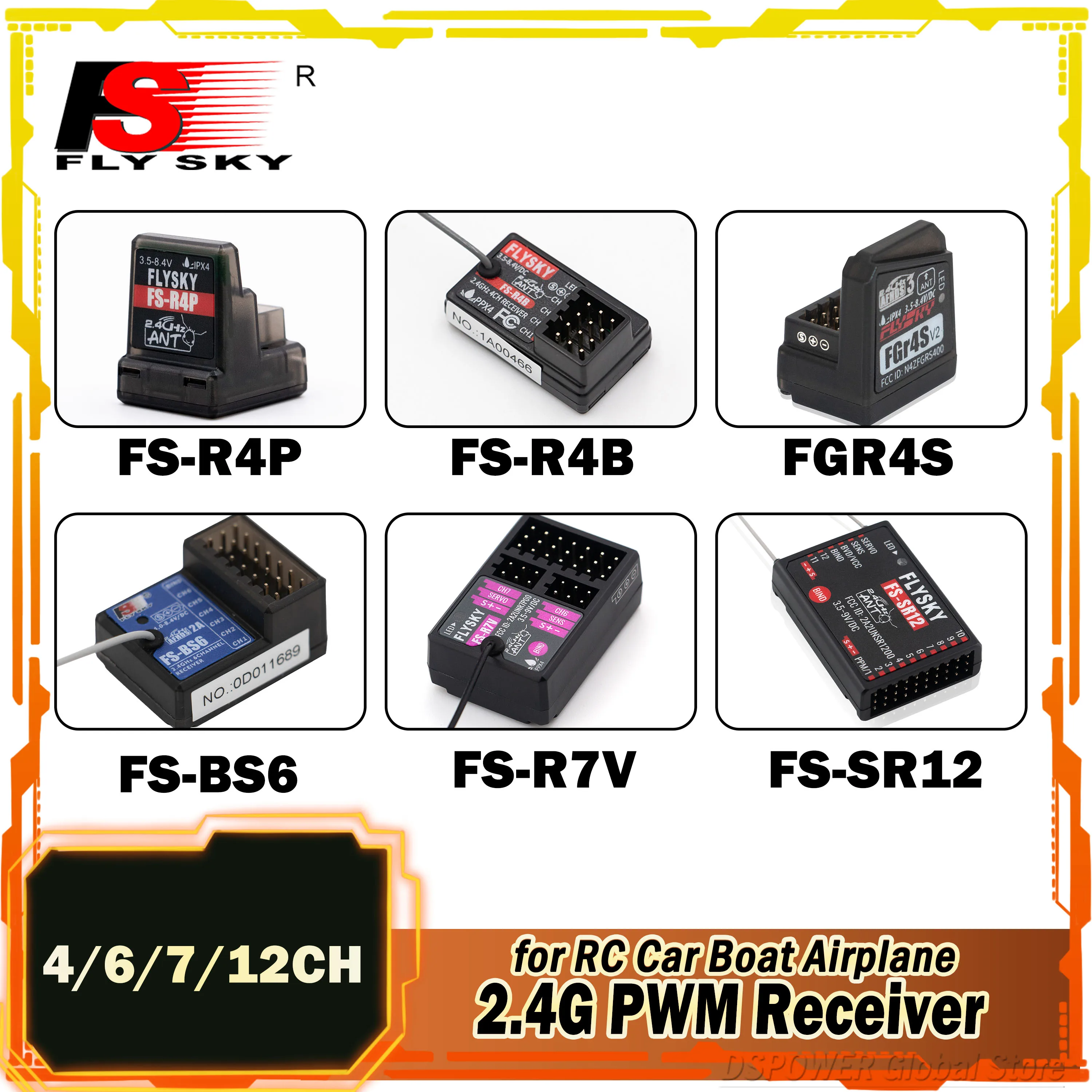 FLYSKY FS-R4P FS-R4B FGR4S BS6 FS-R7V FS-SR12 4/6/7/12CH 2.4G PWM Receiver for RC Model Cars Boat Vehicles Airplane Robot Part