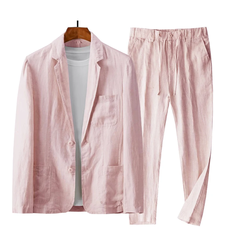طقم بدلة رجالية من الكتان الطبيعي من Fengbaoyu - قطعتين - ربيع وخريف كاجوال فضفاض مقاس كبير نمط مريح وأنيق