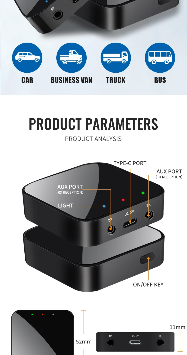 KEBIDUMEI Bluetooth 6.0 Empfänger und Sender 3,5 mm AUX Wireless Audio Adapter Bluetooth Sender für Auto PC TV Kopfhörer – Detail 12