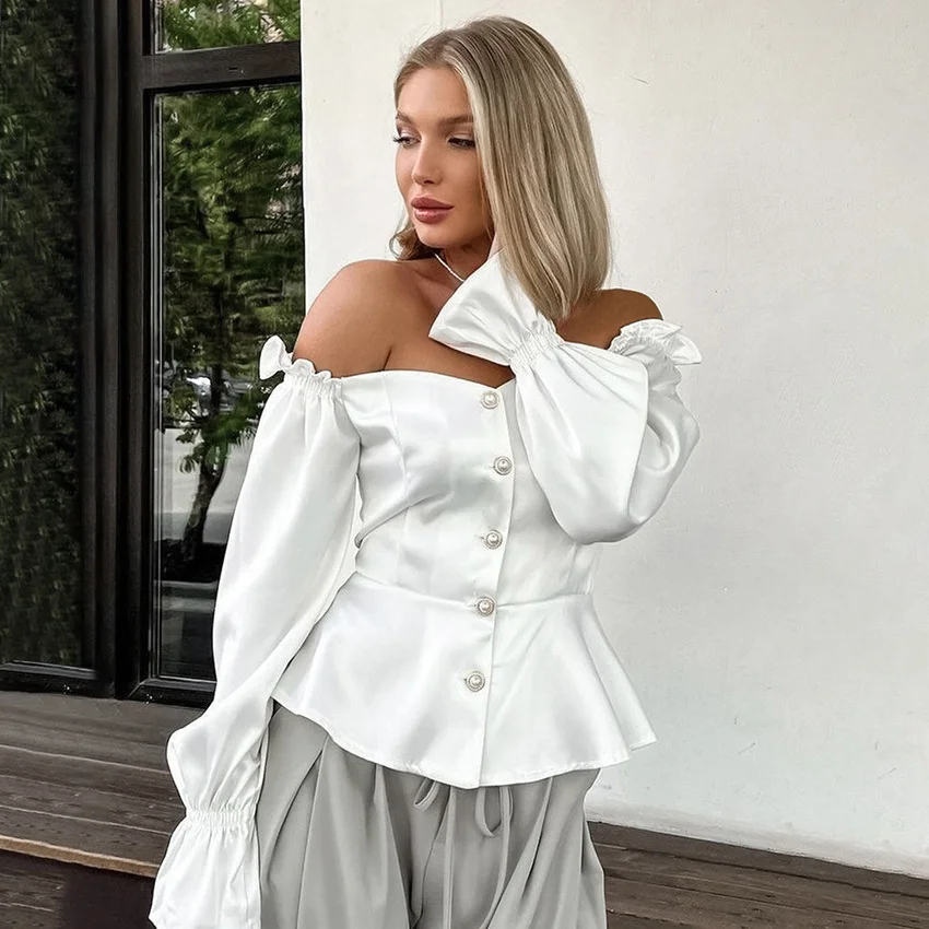 Elegant Women Shirt 2024 Autumn Winter Satin shirt White Ruffle Hem Buttoned Off Shoulder Strap Long Sleeve Slim Fit Blouse