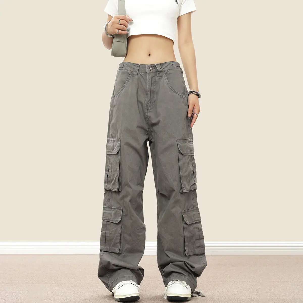 Pantalon Cargo Baggy à Poches Multiples pour Femme, Streetwear Harajuku, Pantalon Droit, Vintage Vert, Grande Taille, Mode Fjk, Années 2000, Y2K