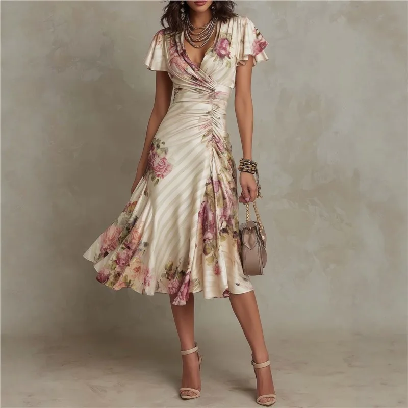 Boho-Stil Elegantes Blumenprint Langes Kleid Damen Frühling V-Ausschnitt Hohe Taille Partykleid Sommer Kurzarm Reißverschluss Maxikleid Vestido