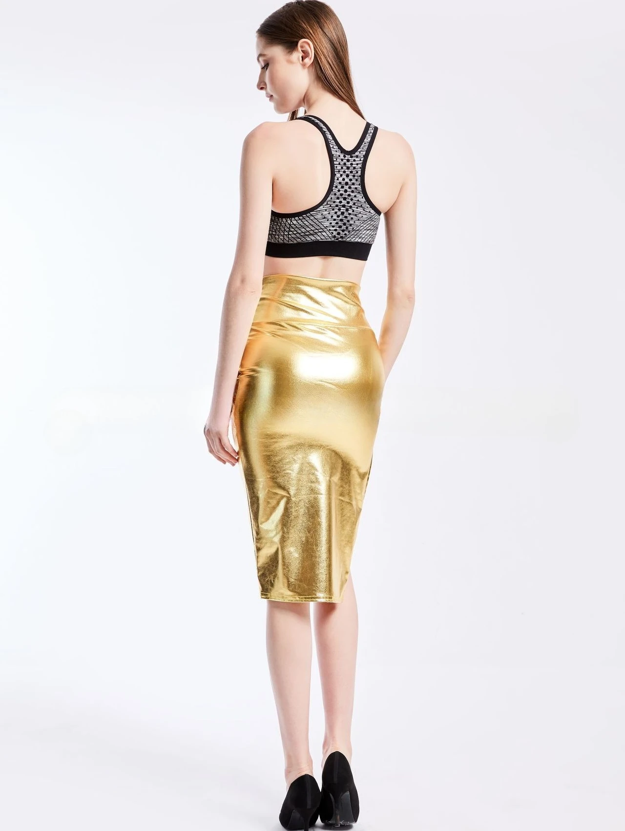 Gold Women's Shiny Knee-length Skirt, Asian Sizes, Available in Blue, Silver, and Black.