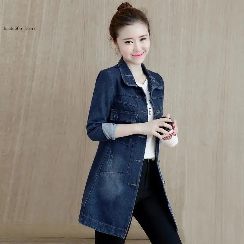 Women's Frayed Navy Blue Casual Female Jeans Jackets Coats Autumn Winter Korean Denim Jacket Women Long Base Coat