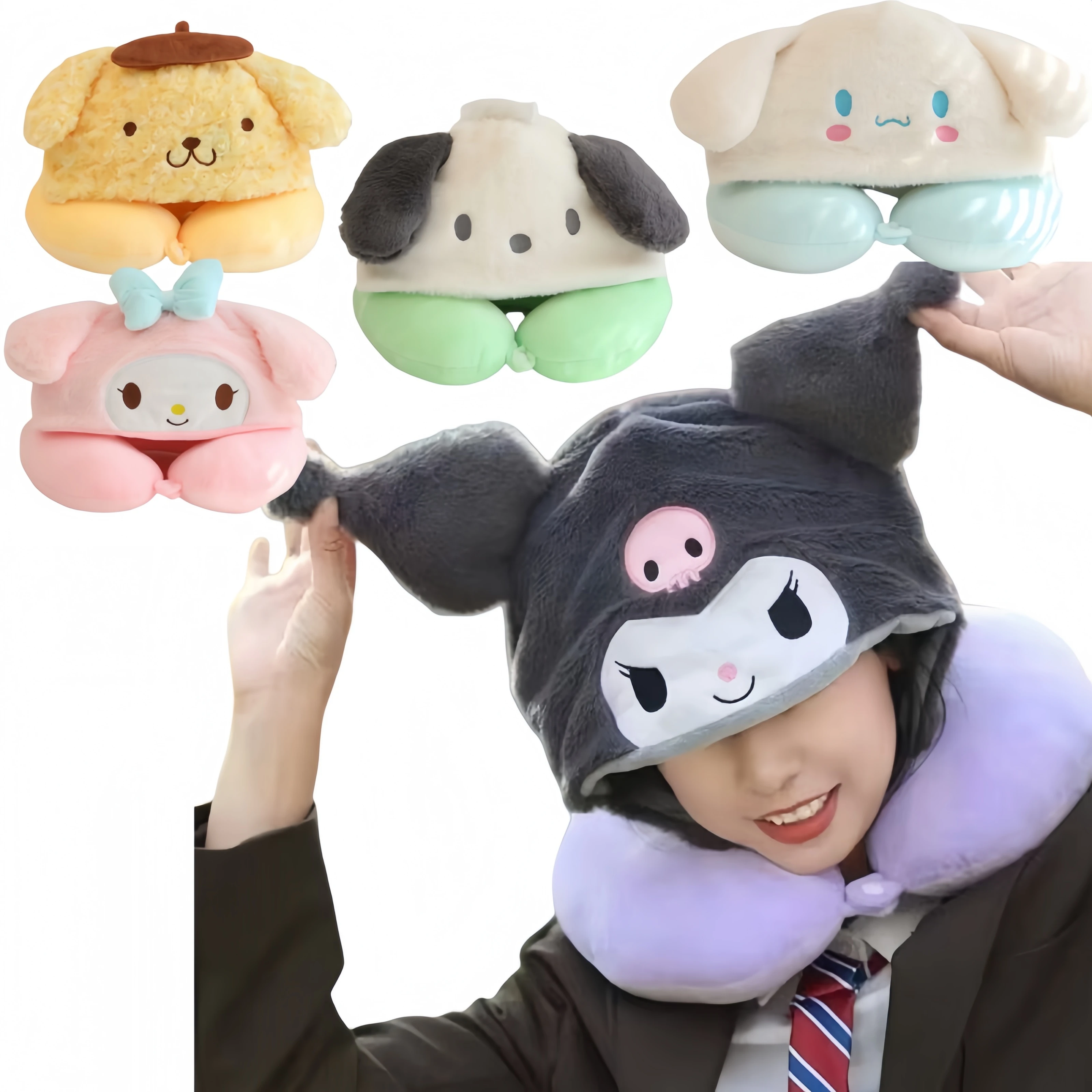 

Sanrio Kuromi My Melody U-образная подушка для шеи с капюшоном Cinnamoroll Travel Blackout Nap Pillow Office Pom Pom Purin Подушка со шляпой
