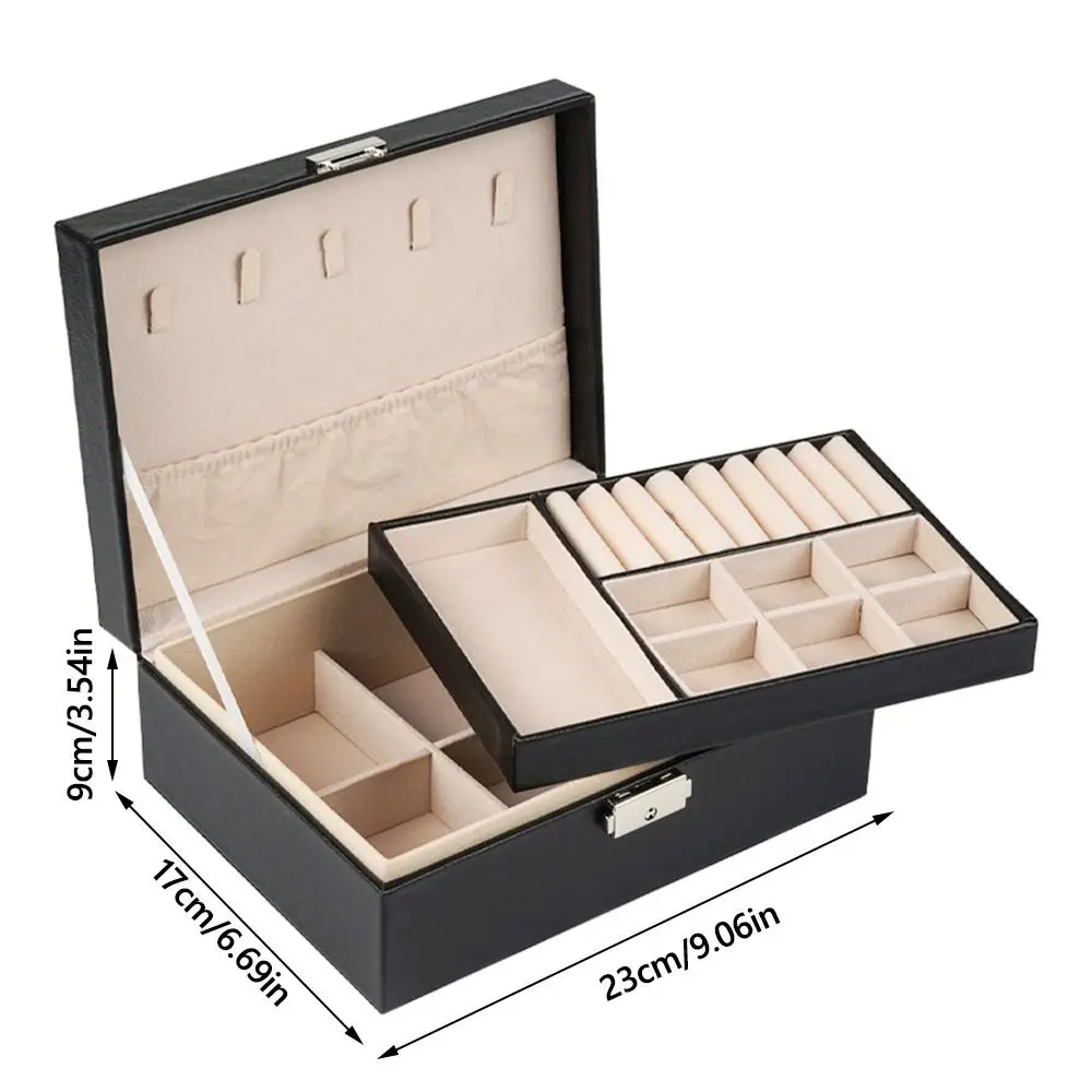 صندوق تخزين مجوهرات جديد مكون من طبقتين من جلد البولي يوريثان مع قفل منظم مجوهرات صندوق مجوهرات للسفر ​   تخزين القرط والقلادة ​