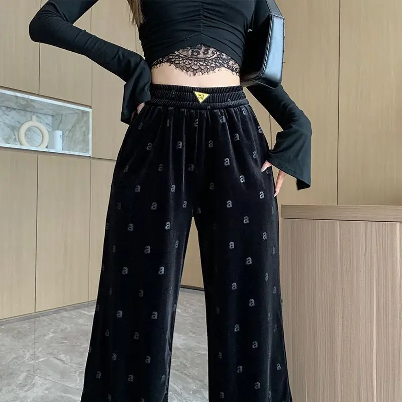 Autumn/Winter New Velvet A-line Printed Design High Waist Casual Straight Tube Drop Feel Casual Floor Dragging Wide Leg pant