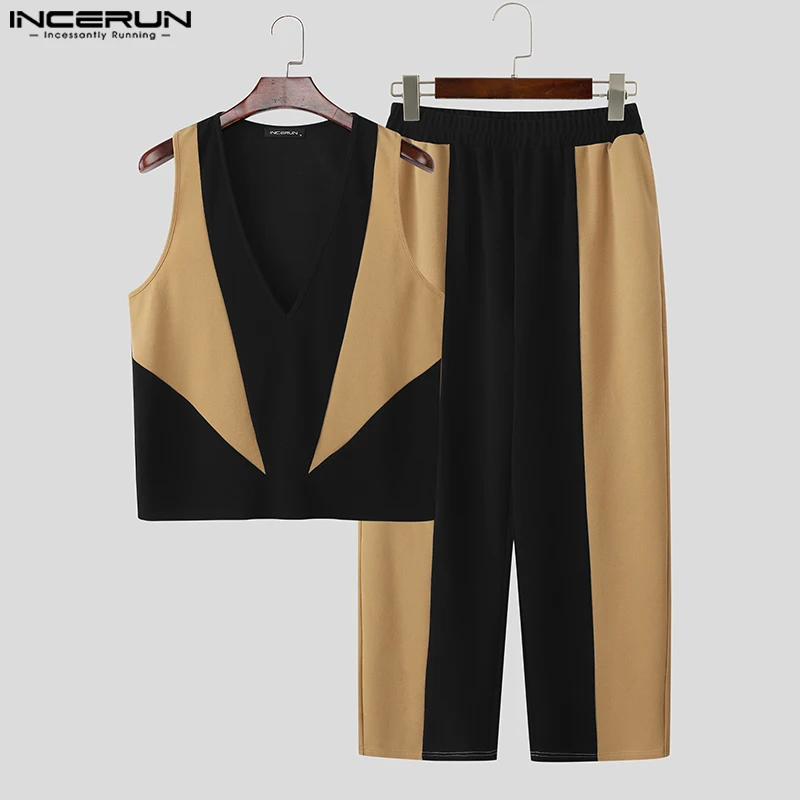INCERUN Men Sets Patchwork V Neck Sleeveless Vests & Pants Two Pieces Sets Streetwear Loose 2025 Fashion Men Casual Suits S-5XL