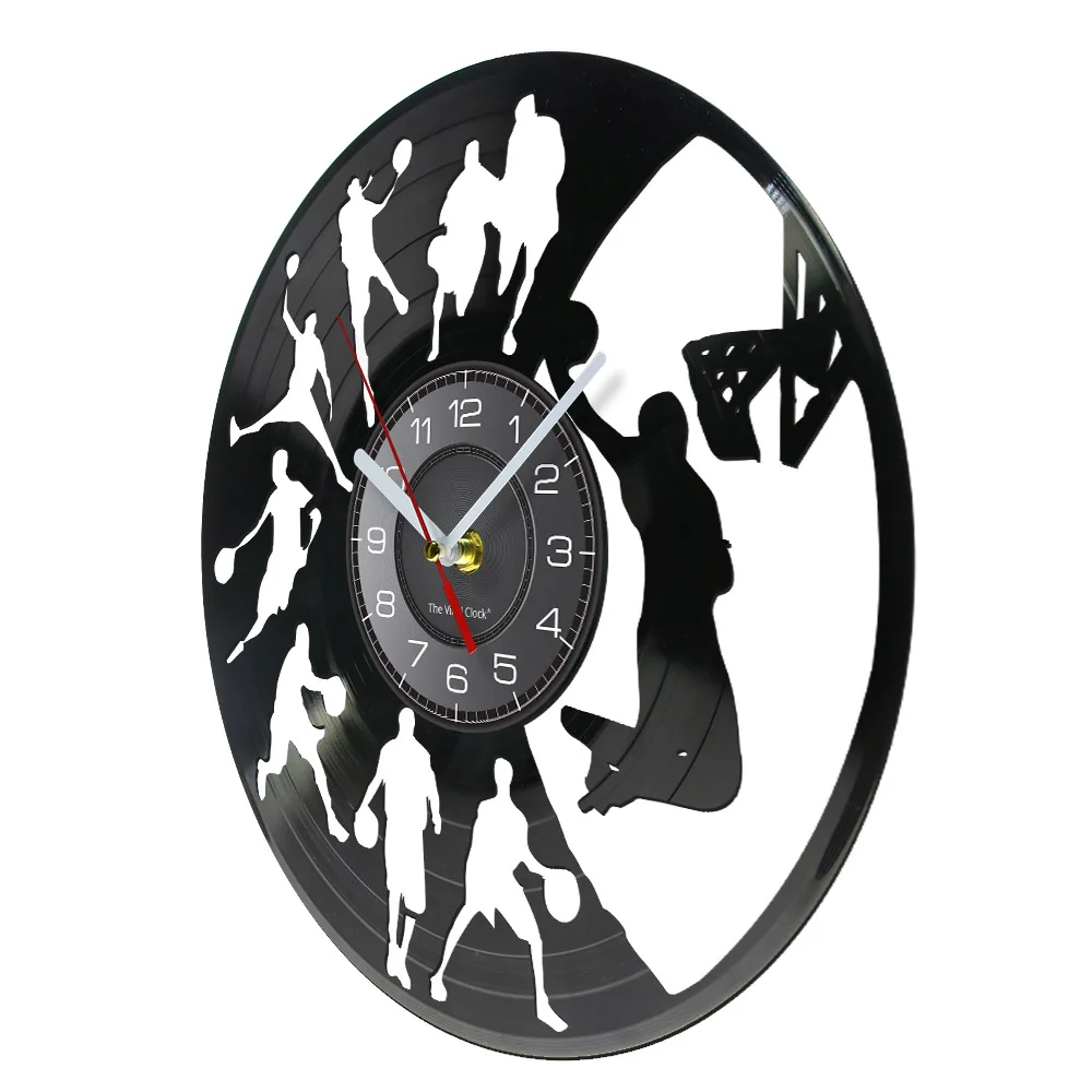 Basketball Dunk Sportsroom Home Decor Wall Clock Basketball Players Silhouette Dunking Vinyl Record Clock Mancave Wall Decor