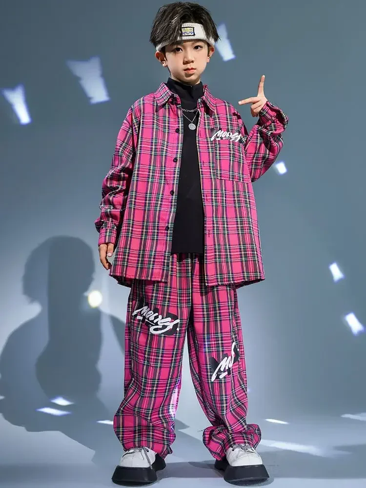 Rose Red Plaid Shirt Elastische Taille Broek Jongens Jazz Prestaties kleding Kids Kpop Streetwear Ballroom Hip Hop Danskostuums