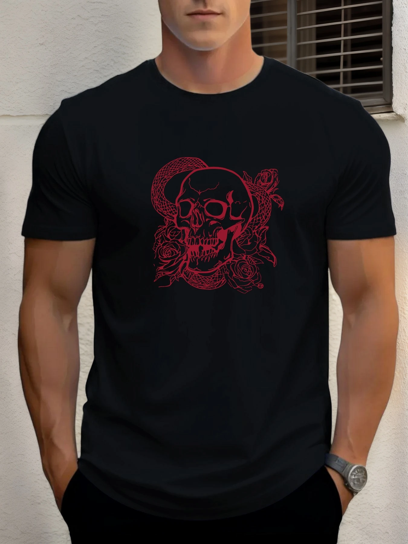 

T Shirt For Men Skull Snake Rose 100% Cotton Graphic Printing Summer Round Neck T-Shirt Casual Breathable Street Style Daily Top